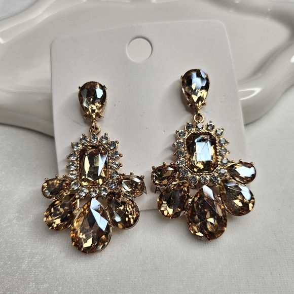 Women's Gold Rhinestone Crystal Statement Earrings Prom Jewelry Fashion Jewelry - Picture 8 of 8